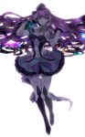  1girl arm_strap black_legwear breasts cleavage floating_hair frilled_skirt frills full_body highlights highres long_hair looking_at_viewer macross macross_delta medium_breasts midriff mikumo_guynemer miniskirt multicolored_hair navel parted_lips purple_hair red_eyes shimatani_azu simple_background skirt smile solo stomach striped striped_skirt very_long_hair white_background 