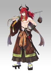  1boy black_gloves brown_hakama brown_scarf facial_scar food food_fantasy food_themed_clothes geta gloves hakama highres holding holding_sword holding_weapon hook horns japanese_clothes jewelry long_hair magatama male_focus navel necklace noixen over_shoulder ponytail red_eyes redhead scar scarf sheath sheathed sidelocks single_glove solo steak steak_(food_fantasy) sword tassel weapon white_legwear wide_sleeves 