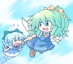  &gt;:o 216 2girls :d :o ascot blue_dress blue_eyes blue_hair blush bow chibi cirno clouds commentary_request daiyousei dress eyebrows_visible_through_hair fairy_wings flying flying_sweatdrops full_body green_eyes green_hair hair_between_eyes hair_bow hand_holding loafers looking_at_another looking_back multiple_girls open_mouth outdoors shoes side_ponytail skirt skirt_set sky smile touhou vest wings 