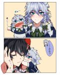  2koma black_hair blue_eyes closed_eyes comic eyebrows_visible_through_hair hair_tubes hakurei_reimu hand_puppet highres himajinsan0401 hug izayoi_sakuya maid maid_headdress puppet touhou translation_request white_hair yellow_background yuri 