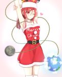  1girl alternate_costume arm_behind_head arm_up armpits bare_shoulders blush chains choker christmas dress earth eyebrows_visible_through_hair fur-trimmed_dress fur_choker hair_between_eyes hat heart hecatia_lapislazuli highres light_smile looking_at_viewer medium_hair merry_christmas moon musteflott419 one_eye_closed planet polos_crown red_eyes redhead solo strapless strapless_dress thigh-highs touhou white_background white_choker white_hat 