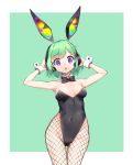  1girl animal_ears aqua_background black_leotard black_neckwear bow bowtie breasts bunny_ear_headphones bunny_girl bunnysuit chestnut_mouth covered_navel cowboy_shot detached_collar fishnet_pantyhose fishnets green_hair hands_on_headphones headphones highres leotard looking_at_viewer original overlord_(overlord80000) pantyhose rabbit_ears short_hair simple_background small_breasts solo standing strapless strapless_leotard violet_eyes wrist_cuffs 