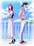  1boy 1girl artist_name belt black_footwear black_hair blue_background blue_sky breasts clouds crossed_arms dandy_(space_dandy) dated day dress glasses hands_in_pocket high_heels kuhaku lipstick long_hair makeup medium_breasts ocean pants pink_shirt railing red-framed_eyewear redhead scarlet_(space_dandy) shirt short_sleeves sideburns sky space_dandy standing very_long_hair water white_dress white_footwear white_pants 