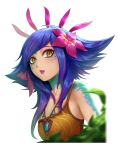  1girl bare_shoulders blue_hair eyelashes flower gradient_hair hair_flower hair_ornament jewelry league_of_legends lipstick looking_at_viewer makeup mascara medium_hair monster_girl multicolored_hair natsuyu necklace neeko_(league_of_legends) parted_lips purple_lipstick simple_background solo tank_top two-tone_hair upper_body white_background yellow_eyes 