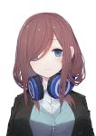  1girl ano54 artist_name black_jacket blue_cardigan blue_eyes blush breasts brown_hair collared_shirt commentary_request go-toubun_no_hanayome hair_over_one_eye headphones headphones_around_neck highres jacket large_breasts light_smile long_hair looking_at_viewer nakano_miku open_clothes open_jacket school_uniform shirt simple_background solo upper_body white_background white_shirt 