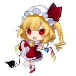  1girl :d ascot bangs blonde_hair blush bobby_socks chibi crystal daimaou_ruaeru eyebrows_visible_through_hair eyes_visible_through_hair fang flandre_scarlet frilled_shirt_collar frills full_body hat hat_ribbon high_heels highres laevatein long_hair looking_at_viewer mob_cap one_side_up open_mouth petticoat red_eyes red_footwear red_ribbon red_skirt red_vest ribbon short_sleeves skirt skirt_set smile socks solo touhou transparent_background vest white_hat white_legwear wings yellow_neckwear 