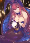  1girl alcohol animal_ears bangs bare_shoulders beer beer_mug bow bowtie breasts collarbone detached_collar fate/grand_order fate_(series) gloves hair_between_eyes highleg large_breasts leotard light_particles long_hair looking_at_viewer ohland open_mouth pantyhose purple_gloves purple_hair purple_leotard rabbit_ears red_eyes scathach_(fate)_(all) scathach_(fate/grand_order) solo sparkle thighs wrist_cuffs 