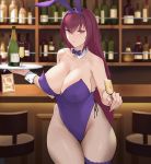  1girl alcohol animal_ears bar bare_shoulders bottle bow bowtie breasts champagne champagne_flute cleavage closed_mouth collarbone cup detached_collar drinking_glass fate/grand_order fate_(series) fishnet_pantyhose fishnets highleg highleg_leotard highres large_breasts leg_garter leotard long_hair looking_at_viewer pantyhose purple_hair rabbit_ears red_eyes scathach_(fate)_(all) scathach_(fate/grand_order) siu_hing5262 solo tray wrist_cuffs 