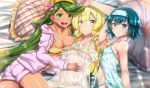  3girls :d arched_back arm_up armpits babydoll bangs bare_legs bare_shoulders blonde_hair blue_eyes blue_hair braid breast_press breasts bright_pupils camisole cleavage closed_mouth collarbone creatures_(company) dark_skin game_freak green_eyes green_hair hairband hand_on_another&#039;s_stomach hand_on_own_chest hand_up highres hood hood_down hoodie lillie_(pokemon) long_hair long_sleeves looking_at_viewer lying mallow_(pokemon) medium_breasts multiple_girls nintendo on_back on_side open_clothes open_hoodie open_mouth out_of_frame panties pillow pokemon pokemon_(game) pokemon_sm see-through short_hair shorts side-by-side side_braid small_breasts smile suiren_(pokemon) swept_bangs takecha trial_captain twin_braids twisted_torso underwear upper_body upper_teeth very_long_hair 