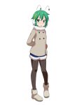  1girl :d alternate_costume antennae arm_behind_back black_legwear boots cato_(monocatienus) coat commentary earmuffs fur-trimmed_shorts fur_collar green_eyes green_hair legwear_under_shorts looking_at_viewer mittens open_mouth pantyhose short_hair shorts simple_background smile solo touhou white_background wriggle_nightbug 