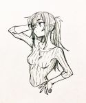  1girl arm_up breasts covered_navel cropped_torso eyebrows_visible_through_hair greyscale hand_on_hip highres itou_(very_ito) long_hair looking_away monochrome original parted_lips ponytail ribbed_shirt shirt sidelocks small_breasts solo traditional_media 