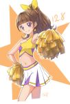  1girl amanogawa_kirara asymmetrical_clothes bangs bare_shoulders blunt_bangs bow breasts brown_hair cheerleader chocokin collarbone cropped_legs dated earrings eyebrows_visible_through_hair go!_princess_precure hair_bow high_ponytail jewelry long_hair midriff miniskirt navel pleated_skirt pom_poms precure shiny shiny_hair signature skirt sleeveless small_breasts solo standing star star_earrings stomach violet_eyes white_background white_skirt yellow_bow 
