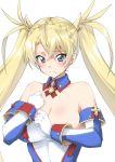  1girl bangs bare_shoulders blonde_hair blue_eyes blush bradamante_(fate/grand_order) braid breasts cleavage detached_collar elbow_gloves fate/grand_order fate_(series) french_braid gloves hair_between_eyes hair_ornament hands_on_own_chest large_breasts leotard long_hair looking_at_viewer mikagami_sou open_mouth simple_background solo twintails very_long_hair white_background 