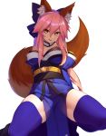  1girl animal_ear_fluff animal_ears bangs bare_shoulders blue_bow blue_kimono blue_legwear bow breasts cleavage detached_sleeves fate/extra fate_(series) fox_ears fox_girl fox_tail gallant99770 hair_between_eyes hair_bow japanese_clothes kimono large_breasts long_hair looking_at_viewer obi parted_lips pink_hair sash sidelocks simple_background smile solo squatting tail tamamo_(fate)_(all) tamamo_no_mae_(fate) thighs white_background yellow_eyes 