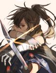  1boy black_hair dororo_(tezuka) highres hyakkimaru_(dororo) katana long_hair looking_at_viewer male_focus missing_limb ponytail prosthesis prosthetic_arm red_eyes solo sword tsugutoku weapon 