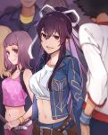  2girls :d armband belt blue_jacket blue_pants blurry blurry_background blurry_foreground bracelet breasts brown_eyes brown_hair cleavage collarbone crop_top hair_between_eyes hair_ribbon high_ponytail holding itsuwa jacket jewelry kanzaki_kaori long_hair long_sleeves medium_breasts midriff multiple_girls nanaheibei_3 navel open_clothes open_jacket open_mouth pants pink_shirt ribbon shirt short_hair sleeveless sleeveless_shirt smile standing stomach tatemiya_saiji to_aru_majutsu_no_index very_long_hair white_ribbon white_shirt 