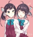  2girls :d ^_^ ahoge asymmetrical_bangs bangs blue_neckwear blush bow bowtie closed_eyes closed_eyes closed_mouth dated dress eyebrows_visible_through_hair fujinami_(kantai_collection) gradient_hair grey_hair grey_legwear hair_ribbon hayanami_(kantai_collection) heart holding_another&#039;s_arm kabocha_torute kantai_collection long_hair long_sleeves multicolored_hair multiple_girls open_mouth pink_background pleated_dress ponytail purple_dress purple_hair ribbon school_uniform shirt short_hair side_ponytail sidelocks simple_background sleeveless sleeveless_dress smile twitter_username upper_body white_ribbon white_shirt yellow_eyes 