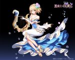  apple_caramel black_background blonde_hair blue_dress blue_eyes blush breasts bubble cleavage covered_navel dress flower full_body gloves gradient gradient_background hair_flower hair_ornament high_heels instrument jewelry kurokishi_to_shiro_no_maou logo looking_at_viewer lyre medium_breasts mole mole_under_eye music necklace official_art playing_instrument short_hair simple_background smile white_dress white_gloves 