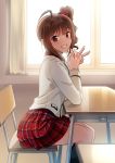  1girl :d animal_ears backlighting black_legwear blush brown_hair chair classroom curtains desk drill_hair eyebrows_visible_through_hair feet_out_of_frame from_side grin hair_ornament hair_scrunchie idolmaster idolmaster_million_live! indoors kamille_(vcx68) kneehighs long_sleeves looking_at_viewer looking_to_the_side on_chair open_mouth plaid plaid_skirt pleated_skirt red_skirt school_chair school_desk school_uniform scrunchie short_hair side_ponytail sidelocks sitting skirt smile solo sparkle tareme teeth violet_eyes window yokoyama_nao 