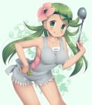  1girl :q aqua_background armpits bangs bare_arms bare_shoulders blush breasts closed_mouth collarbone contrapposto creatures_(company) cutoffs dark_skin flower game_freak green_eyes green_hair hair_flower hair_ornament hand_on_hip holding ladle leaning_forward long_hair looking_at_viewer low_twintails mallow_(pokemon) medium_breasts murano nintendo overalls pink_flower pokemon pokemon_(game) pokemon_sm shiny shiny_hair smile solo standing swept_bangs tareme tongue tongue_out twintails 