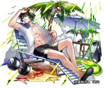  1boy 1girl bag beach beach_chair cellphone clouds coconut crab day dumbbell frown green_hair hand_up innertube male_focus male_swimwear official_art outdoors palm_tree phone sandals shoumetsu_toshi sitting solo starfish sweat swim_trunks swimwear table tenryou_sena tree violet_eyes wet 