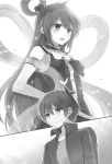  1boy 1girl aqua_(konosuba) detached_sleeves eyebrows_visible_through_hair greyscale hair_between_eyes hand_on_hip highres jacket kono_subarashii_sekai_ni_shukufuku_wo! long_hair mishima_kurone monochrome novel_illustration official_art open_clothes open_jacket open_mouth satou_kazuma see-through split_screen standing sweatdrop tied_hair very_long_hair 