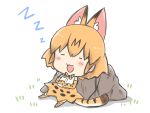  1girl :3 :d animal_ear_fluff animal_ears bangs blush bow bowtie brown_hair chibi closed_eyes commentary_request elbow_gloves extra_ears eyebrows_visible_through_hair facing_viewer full_body gloves hair_between_eyes kemono_friends noai_nioshi open_mouth print_gloves print_legwear print_neckwear print_skirt rock serval_(kemono_friends) serval_ears serval_print serval_tail shirt skirt sleeping sleeveless sleeveless_shirt smile solo striped_tail tail thigh-highs white_background white_shirt zzz 