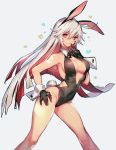  1girl animal_ears bare_shoulders breasts bunny_tail bunnysuit cleavage covered_navel detached_collar fake_animal_ears gloves groin guilty_gear guilty_gear_xrd heart jack-o&#039;_valentine large_breasts leotard long_hair multicolored_hair oro_(sumakaita) rabbit_ears red_eyes redhead rosary sideboob solo star tail two-tone_hair white_background white_hair wrist_cuffs 