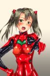  1girl absurdres bodysuit breasts cosplay highres kantai_collection latex looking_at_viewer neon_genesis_evangelion open_mouth parazan_d pointing pointing_at_viewer red_bodysuit simple_background small_breasts souryuu_asuka_langley standing zuikaku_(kantai_collection) 