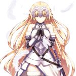  1girl armor armored_dress bangs bare_shoulders black_gloves blonde_hair blue_eyes braid closed_mouth commentary_request cowboy_shot enchuu eyebrows_visible_through_hair falling_feathers fate/apocrypha fate/grand_order fate_(series) faulds fur_trim gauntlets gloves hands_clasped headpiece highres jeanne_d&#039;arc_(fate) jeanne_d&#039;arc_(fate)_(all) long_hair own_hands_together plackart sheath standard_bearer sword thigh-highs very_long_hair weapon 