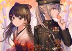  2girls absurdres autumn_leaves bangs black_coat black_hair black_hat blue_eyes blurry blush bow braid breast_pocket breasts buttons closed_mouth commentary_request depth_of_field epaulettes eyebrows_visible_through_hair eyelashes flower gradient hair_bow hair_flower hair_ornament hairclip hat highres higuchi_kaede holding holding_leaf ibuki_(ibuki0118) japanese_clothes katana kimono leaf long_hair long_sleeves looking_at_viewer looking_to_the_side maple_leaf medal military military_uniform mole mole_under_eye multiple_girls nijisanji obi peaked_cap pocket ponytail profile red_bow red_flower red_kimono sash seigaiha sheath sheathed sidelocks silver_hair single_braid small_breasts smile sword tsukino_mito uniform upper_body violet_eyes virtual_youtuber weapon 