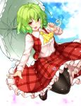  1girl :d aka_tawashi ascot bangs black_legwear blue_sky blush breasts brown_footwear clouds commentary_request day eyebrows_visible_through_hair flower full_body green_hair green_umbrella hair_between_eyes hand_up highres holding holding_umbrella jumping kazami_yuuka loafers long_sleeves looking_at_viewer medium_breasts open_mouth outdoors pantyhose petals petticoat pink_flower plaid plaid_skirt plaid_vest red_eyes red_skirt red_vest shirt shoes short_hair skirt skirt_set sky smile solo thighs touhou umbrella vest white_shirt yellow_neckwear 