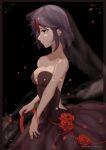  1girl bare_shoulders black_dress black_hair blurry breasts cleavage collarbone crinoline dress flower frame kill_la_kill matoi_ryuuko multicolored_hair petals red_flower red_rose redhead reichiou ribbon rose rose_petals scissor_blade short_hair solo strapless strapless_dress streaked_hair veil watermark 