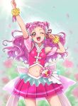  1girl ;d arm_up armpits bow chocokin clenched_hand cowboy_shot cure_yell earrings floating_hair flower hair_flower hair_ornament hair_ribbon highres hugtto!_precure jewelry long_hair looking_at_viewer midriff miniskirt navel nono_hana one_eye_closed open_mouth pink_eyes pink_hair pink_shirt pink_skirt pleated_skirt precure red_ribbon ribbon see-through shiny shiny_hair shirt shoulder_cutout skirt smile solo sparkle standing stomach very_long_hair white_bow white_flower wrist_cuffs 