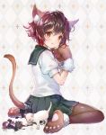  1girl 888myrrh888 :o action_figure animal animal_ears argyle argyle_background ass bangs black_legwear blush brown_hair cat cat_ears cat_tail commentary_request eyebrows_visible_through_hair figure full_body green_skirt hair_between_eyes highres kantai_collection kemonomimi_mode looking_at_viewer looking_to_the_side mutsuki_(kantai_collection) open_mouth pantyhose paws pleated_skirt remodel_(kantai_collection) rigging school_uniform serafuku shirt short_hair short_sleeves sitting skirt solo tail wariza white_cat 