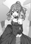  1girl arifureta_shokugyou_de_sekai_saikyou blush breasts choker cleavage collarbone covered_navel dress elbow_gloves eyebrows_visible_through_hair gloves greyscale hair_ornament hand_holding highres long_dress long_hair looking_at_viewer medium_breasts monochrome novel_illustration official_art open_mouth ponytail shiny shiny_hair skirt_hold sleeveless sleeveless_dress solo_focus standing takayaki 