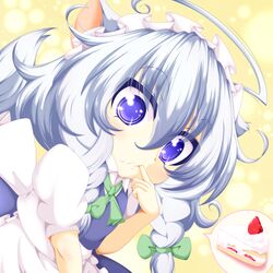  1girl ahoge animal_ears apron arm_up blue_eyes blue_skirt blue_vest braid cake chibi commentary_request dog_ears dog_tail eyebrows_visible_through_hair finger_in_mouth food food_on_face fruit hair_between_eyes hair_ribbon highres huge_ahoge inu_sakuya izayoi_sakuya looking_at_viewer maid_headdress muumuu_(sirufuruteienn) paw_background puffy_short_sleeves puffy_sleeves ribbon shirt short_hair short_sleeves silver_hair skirt slice_of_cake solo spoken_object strawberry tail touhou tress_ribbon twin_braids upper_body vest waist_apron white_shirt wide-eyed yellow_background 