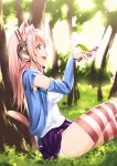  1girl absurdres animal_ears blush breasts cat_ears cat_tail commentary_request ganari_ryuu green_eyes headphones headset highres large_breasts long_hair looking_at_viewer open_mouth original panties pink_hair smile solo super_tama_musume tail tamatoys underwear 