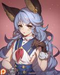  1girl animal_ears backless_outfit belt black_gloves blue_hair breasts brown_gloves earrings erune ferry_(granblue_fantasy) gloves granblue_fantasy hoop_earrings jewelry long_hair looking_at_viewer loose_belt rabbit_ears sideboob single_earring small_breasts smile solo songjikyo wavy_hair whip yellow_eyes 