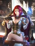  1girl alcohol armor book bookshelf breasts cleavage cup curtains detached_collar detached_sleeves dress drinking_glass glasses holding holding_book holding_wand large_breasts legend_of_the_cryptids legs_crossed long_hair looking_at_viewer mage multicolored_hair navel navel_cutout panties paper pen pink_lips purple_hair redhead rimless_eyewear shuichi_wada side-tie_panties spell sunlight table underwear violet_eyes wand white_dress window wine wine_glass 