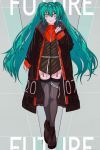  1girl aqua_hair bangs black_footwear english_text full_body hair_between_eyes hand_up hatsune_miku highres jacket jewelry kogecha_(coge_ch) long_hair long_jacket long_sleeves looking_at_viewer necklace open_mouth peace_symbol shoes smile solo standing thigh-highs twintails very_long_hair vocaloid walking white_eyes 