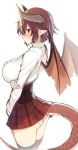  1girl ass black_legwear blush breast_hold breasts center_frills commentary_request dragon_girl dragon_horns dragon_tail dragon_wings frills from_side granblue_fantasy grea_(shingeki_no_bahamut) greatmosu highres horns large_breasts long_sleeves looking_at_viewer looking_to_the_side manaria_friends miniskirt panties pointy_ears purple_hair red_eyes shingeki_no_bahamut shirt short_hair simple_background skirt solo tail thigh-highs underwear white_background white_panties white_shirt wings 