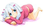  1girl bangs bare_legs barefoot blue_eyes blush bow closed_mouth commentary_request crossed_arms eromanga_sensei eyebrows_visible_through_hair eyelashes feet_up furrowed_eyebrows hair_bow hair_intakes highres izumi_sagiri long_hair long_sleeves looking_at_viewer momo_(higanbana_and_girl) pajamas pink_bow silver_hair sketch_eyebrows solo 