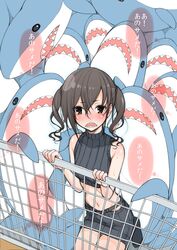  /\/\/\ 1girl :o absurdres bangs bare_arms bare_shoulders black_skirt blush breasts brown_eyes brown_hair commentary_request crop_top hair_between_eyes highres idolmaster idolmaster_cinderella_girls ikea_shark long_hair looking_at_viewer midriff miniskirt mole mole_under_eye navel nose_blush open_mouth ribbed_sweater sanazura_hiroyuki sharp_teeth skirt sleeveless solo stuffed_animal stuffed_shark stuffed_toy sunazuka_akira sweat sweater teeth translation_request twintails wavy_hair 