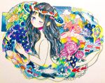  050505si 1girl abstract bangs black_hair blue_flower blush bracelet closed_eyes colorful commentary_request crystal expressionless fish flower from_side heart jellyfish jewelry long_hair looking_at_viewer no_nose nude one_eye_closed original pink_flower solo surreal traditional_media 