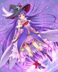  1girl ahoge alexandrite_style ankle_bow ankle_ribbon black_hat boots bow chocokin cure_magical detached_sleeves eyebrows_visible_through_hair floating_hair flower full_body hat hat_flower hat_ribbon izayoi_liko knee_boots long_hair looking_at_viewer mahou_girls_precure! miniskirt pink_eyes pink_skirt precure purple_footwear purple_hair purple_ribbon red_bow red_flower ribbon rose see-through skirt smile solo very_long_hair witch_hat 