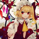  1girl absurdres ascot bangs blonde_hair blurry blurry_background bug butterfly cowboy_shot crystal daimaou_ruaeru eyebrows_visible_through_hair flandre_scarlet flower frilled_shirt_collar frills hair_between_eyes hand_holding hat hat_ribbon highres insect leaning_forward long_hair looking_at_viewer mob_cap one_side_up petticoat pov red_eyes red_flower red_ribbon red_rose red_skirt red_vest ribbon rose shirt short_sleeves skirt skirt_set slit_pupils smile solo_focus touhou vest white_hat white_shirt wings yellow_neckwear 