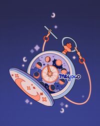  artist_name blue_background clock clouds crescent_moon full_moon gibbous_moon gradient gradient_background half_moon highres meyoco moon moon_phases new_moon no_humans original pocket_watch sparkle star watch 