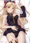  1girl ass_visible_through_thighs bed_sheet black_leotard blonde_hair bow breasts choker cowboy_shot diadem earrings ereshkigal_(fate/grand_order) fate/grand_order fate_(series) floating_hair groin hair_bow jewelry leotard long_hair looking_at_viewer lying medium_breasts on_back red_bow red_eyes solo twintails very_long_hair you06 
