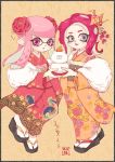  2019 2girls agent_8 bangs cat cephalopod_eyes dated domino_mask floral_print flower food fruit grey_eyes hair_flower hair_ornament happy_new_year highres hime_cut inkling jajji-kun_(splatoon) japanese_clothes kagami_mochi kimono looking_at_viewer mandarin_orange mask matchaneko multiple_girls new_year obi octoling open_mouth origami paper_crane pink_eyes pink_hair pointy_ears redhead salmonid sash smile splatoon splatoon_(series) splatoon_2 splatoon_2:_octo_expansion suction_cups tentacle tentacle_hair 